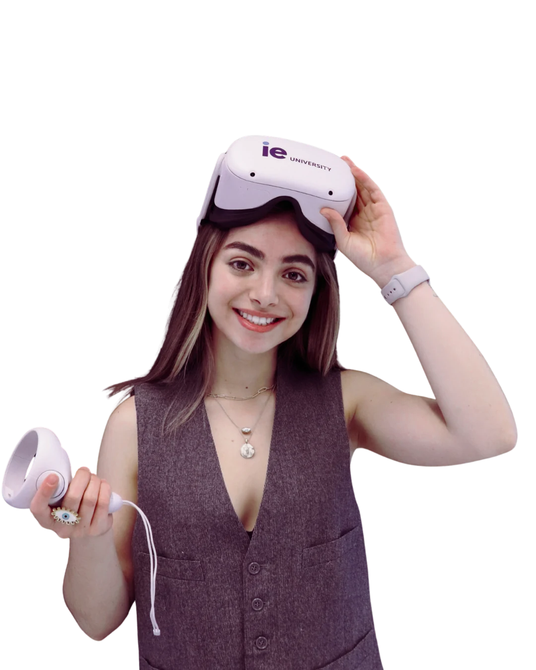 VR headset lifted, smiling